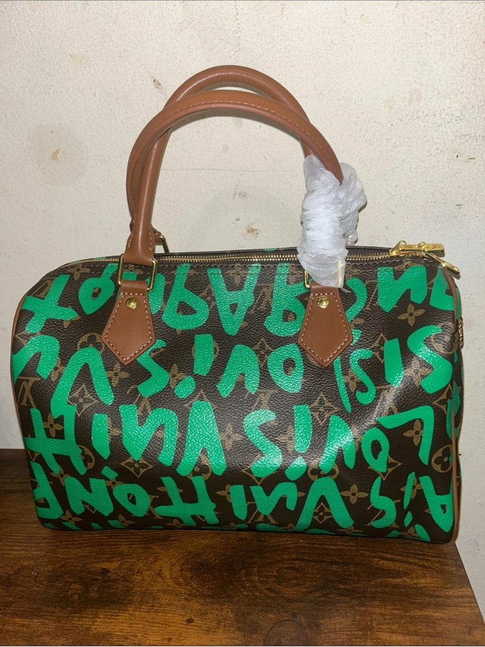 Designer-Inspired Brown & Green Canvas Satchel - Luxury Monogram Style